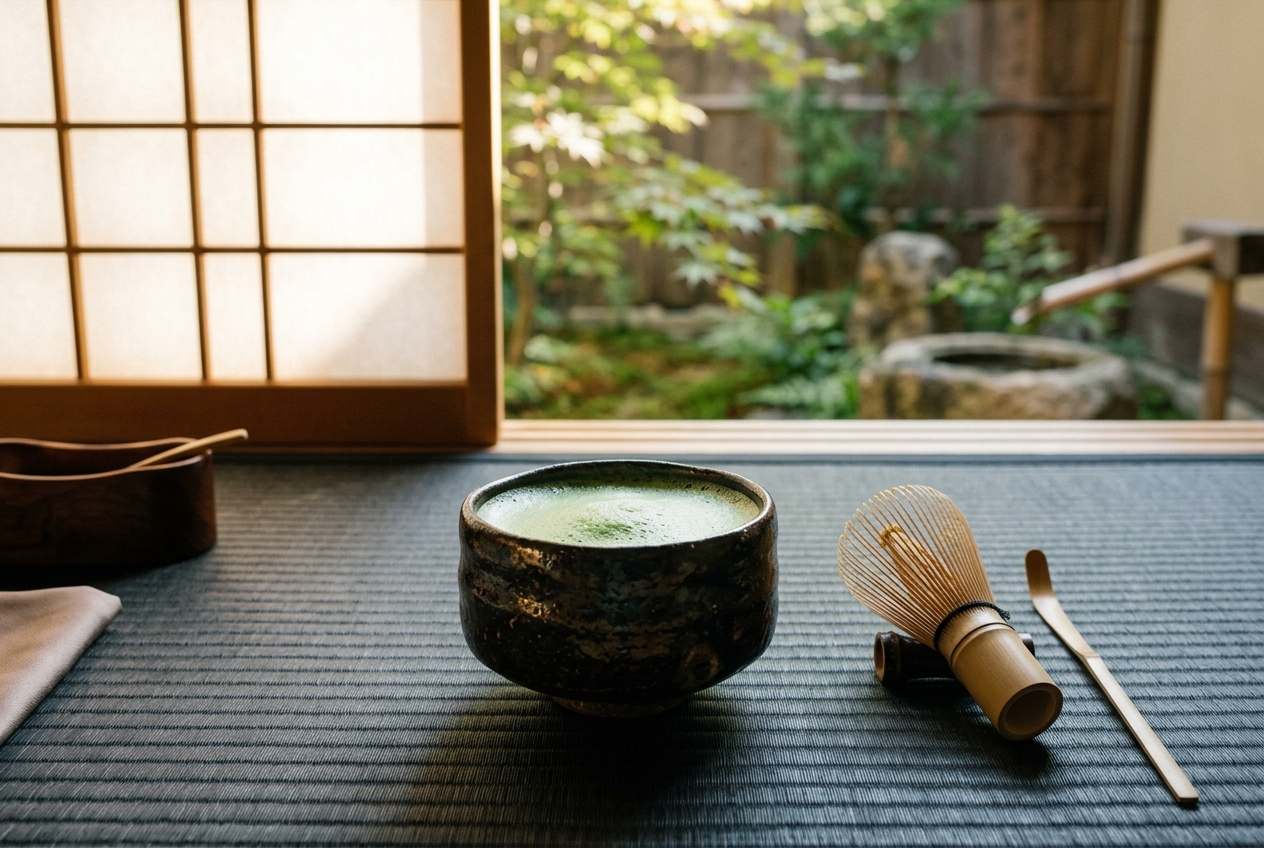 Dark chawan ceramic bowl with vibrant green frothy matcha and bamboo chasen whisk